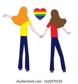 Same-sex love between two people, and the heart symbol rainbow color.