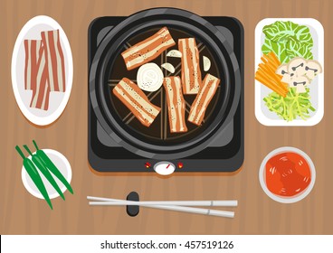 Samgyeopsal with Ssamjang sauce and side dishes. Top View Illustration. Flat Lay Style Korean Cuisine image. Editable Clip Art