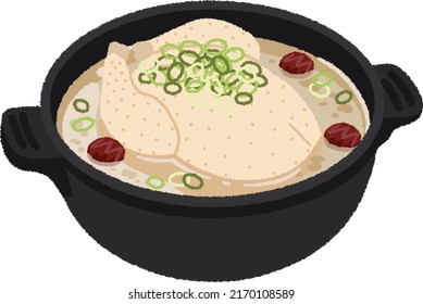 Samgyetang ist ein Hühnergericht, das mit Ginseng, Glutiner Reis, Kiefernnüssen usw. gefüllt und gequetscht ist.