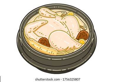 Samgyetang or ginseng chicken soup, consists primarily of a whole young chicken - filled with garlic, rice, jujube, and ginseng. Samgyetang is a Korean traditional soup for body health.