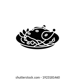 Samgyetang glyph icon. Traditional korean dish. Asian food of ginseng chicken soup with rice and garlic. Korean cuisine concept.Filled flat sign. Isolated silhouette vector illustration