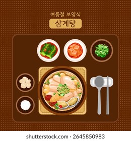 Samgyetang Korean Ginseng Chicken Soup with Side Dishes. Korean Translation: Summer Healthy Food Samgyetang.