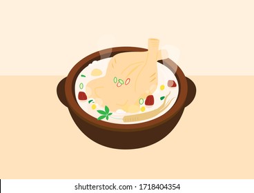 Samgyetang is a well-boiled health food with chicken, ginseng, and chestnuts.