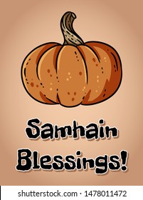 Samhain Blessings fall pagan holiday pumpkin postcard. Autumn Halloween harvest celebration flyer