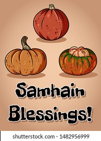 Samhain Blessings fall pagan holiday pumpkins postcard. Autumn Halloween harvest celebration flyer