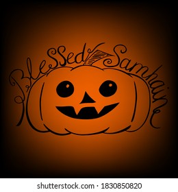 Samhain greeting background: jack o'lantern and, blessed Samhain lettering