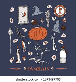 Samhain symbols set. Celtic calendar concept. Wiccan and witchcraft elements, hand written lettering. Autumn pumpkin, nordic runes, tarot cards and magic potion collection