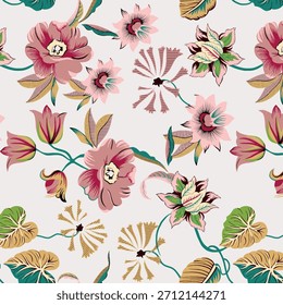 Sami kräftige Textilblumen Schöne zarte rosa und violette Blumen, handgezeichnet, nahtlos, auf hellem Hintergrund. Konzipiert für Stoff, Mode, Textilien, Tapeten, Geschenkverpackungen.