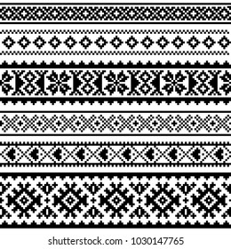 Sami vector seamless pattern, Lapland folk art, traditional knitting and embroidery monochrome design.
Sami people clothing patterns from Norway, Sweden, Finland, and the Murmansk Oblast of Russia 