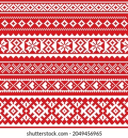 Sami Vector Seamless Pattern, Lapland Folk Art, Traditional Knitting And Embroidery Design In White On Red Background. Sami People Clothing Patterns From Norway, Sweden, Finland, And The Murmansk Obla