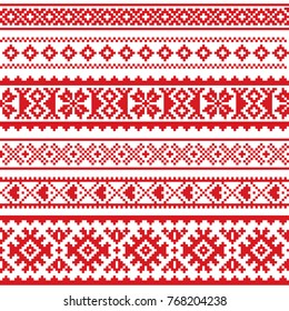 Sami vector seamless pattern, Lapland folk art, traditional knitting and embroidery design 
Sami people clothing patterns from Norway, Sweden, Finland, and the Murmansk Oblast of Russia in red