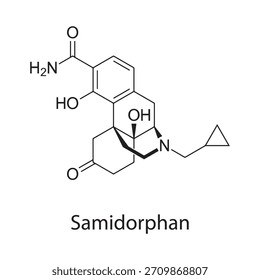 Estructura molecular de samidorfano, fármaco antagonista del receptor opioide, diagrama de Vector científico limpio, fórmula química esquelética