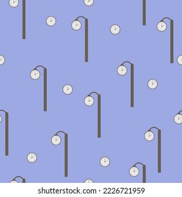 Samless patern with a street clock on a blue background. Illustration with urban details for notebooks covers.