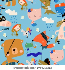 Samless Pattern with Cartoon Animals celebrating Pirate Party