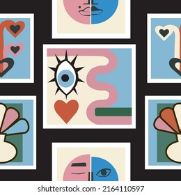 Samless pattern of different patches and stickers. Abstract theme. Vector illustration. 