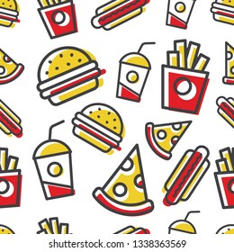 Samless pattern fast food icon, burger, pizza, hot dog, frenchfries, soda