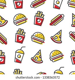 Samless pattern fast food icon, burger, pizza, hot dog, frenchfries, soda