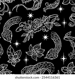 Samless pattern with line art illustrations of the snake - symbol of the year according to eastern horoscope, patterns and flowers on black. Doodle artwork with esoteric, gothic and mystic concept