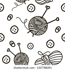 Samless pattern vector balls of yarn,
knitting needles and button. Doodle. Hand drawn monochrom