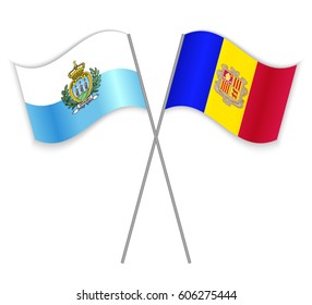 Sammarinese and Andorran crossed flags. San Marino combined with Andorra isolated on white. Language learning, international business or travel concept.