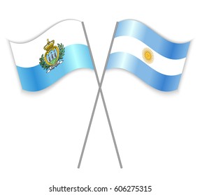 Sammarinese and Argentine crossed flags. San Marino combined with Argentina isolated on white. Language learning, international business or travel concept.
