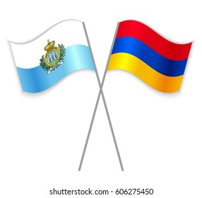 Sammarinese and Armenian crossed flags. San Marino combined with Armenia isolated on white. Language learning, international business or travel concept.