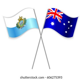 Sammarinese and Australian crossed flags. San Marino combined with Australia isolated on white. Language learning, international business or travel concept.