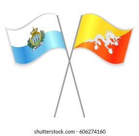 Sammarinese and Bhutanese crossed flags. San Marino combined with Bhutan isolated on white. Language learning, international business or travel concept.