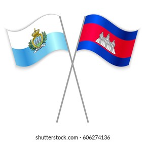 Sammarinese and Cambodian crossed flags. San Marino combined with Cambodia isolated on white. Language learning, international business or travel concept.