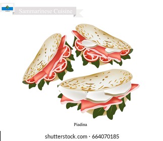 Sammarinese Cuisine, Illustration of Piadina or Flat Bread Filled with Roasted Meat or Ham, Cheese and Vegetables. One of The Most Popular Dish in San Marino.