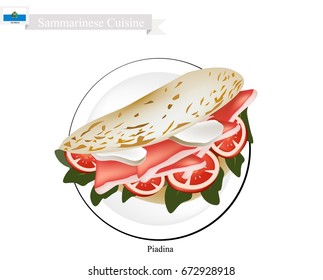 Sammarinese Cuisine, Illustration of Piadina or Flat Bread Filled with Roasted Meat or Ham, Cheese and Vegetables. One of The Most Popular Dish in San Marino.