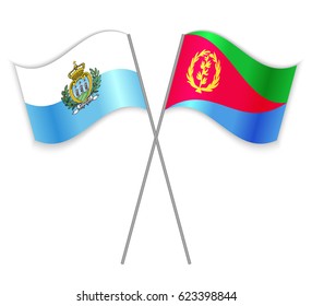 Sammarinese and Eritrean crossed flags. San Marino combined with Eritrea isolated on white. Language learning, international business or travel concept.