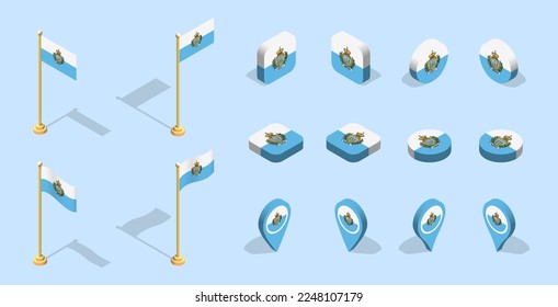 Sammarinese flag (Republic of San Marino). 3D isometric flag set icon. Editable vector for banner, poster, presentation, infographic, website, apps, maps, and other uses.