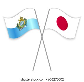 Sammarinese and Japanese crossed flags. San Marino combined with Japan isolated on white. Language learning, international business or travel concept.