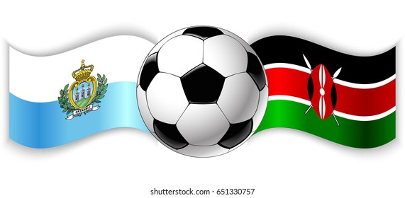 Sammarinese and Kenyan wavy flags with football ball. San Marino combined with Kenya isolated on white. Football match or international sport competition concept.