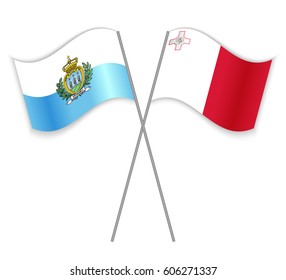 Sammarinese and Maltese crossed flags. San Marino combined with Malta isolated on white. Language learning, international business or travel concept.