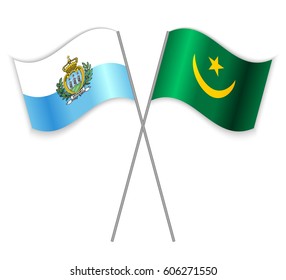 Sammarinese and Mauritanian crossed flags. San Marino combined with Mauritania isolated on white. Language learning, international business or travel concept.