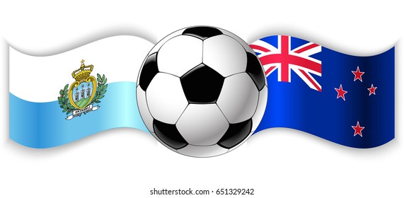 Sammarinese and NZ wavy flags with football ball. San Marino combined with New Zealand isolated on white. Football match or international sport competition concept.