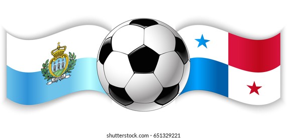 Sammarinese and Panamanian wavy flags with football ball. San Marino combined with Panama isolated on white. Football match or international sport competition concept.
