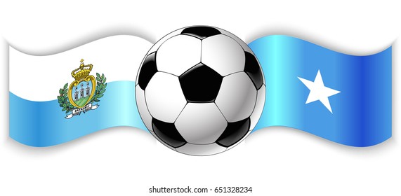 Sammarinese and Somali wavy flags with football ball. San Marino combined with Somalia isolated on white. Football match or international sport competition concept.