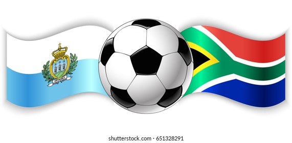Sammarinese and South African wavy flags with football ball. San Marino combined with South Africa isolated on white. Football match or international sport competition concept.
