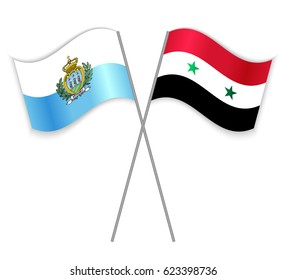 Sammarinese and Syrian crossed flags. San Marino combined with Syria isolated on white. Language learning, international business or travel concept.