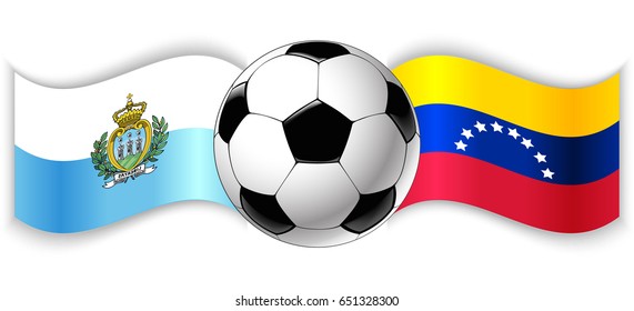 Sammarinese and Venezuelan wavy flags with football ball. San Marino combined with Venezuela isolated on white. Football match or international sport competition concept.
