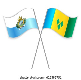 Sammarinese and Vincentian crossed flags. San Marino combined with Saint Vincent and the Grenadines isolated on white. Language learning, international business or travel concept.