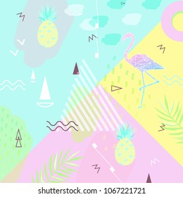 Sammer banner, poster. Punchy pastel. Trendy texture. Beautiful vector floral jungle summer background with pink flamingo, tropical fruits, palm leaves, vector