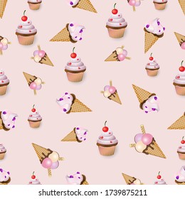  Sammer  seamless pattern with ice creme and cake. Vector illustration. Design wallpaper, fabrics, postal packaging.