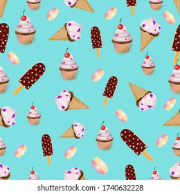  Sammer  seamless pattern with ice creme and cupcake. Vector illustration. Design wallpaper, fabrics, postal packaging.