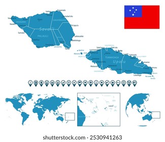 Samoa - detailed blue country map with cities, regions, location on world map and globe. Infographic icons. Vector illustration