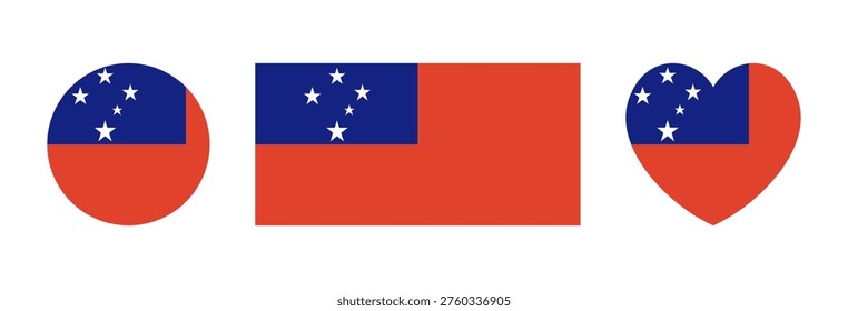 Samoa flag heart shaped, round, rectangular emblem design elements, sticker, badge. Flag of Samoa icon, button. Set of Samoa flag banner, background in circle, rectangle, heart shapes.