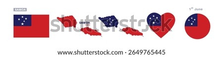 Samoa flag and map set. Samoa flag in official colors and proportions. independence day 1 june, map, circle and heart shaped Samoa